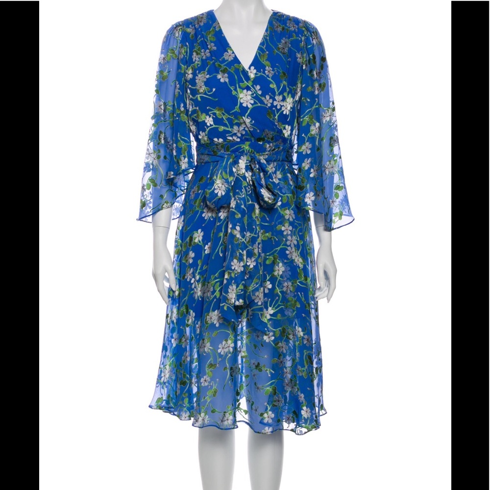 Alice + Olivia blue floral silk wrap midi dress